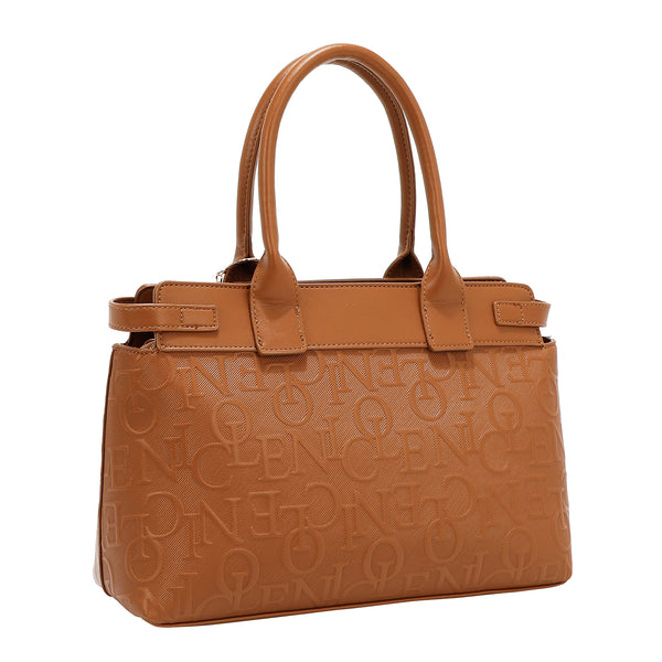 Brown handbag with a patterned design on a white background