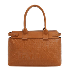 Back view of EMB17504 brown satchel with embossed “Nicole” lettering