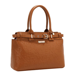 Brown leather handbag with embossed logo on a white background