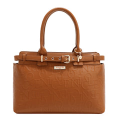 Brown handbag with a visible brand logo on a white background