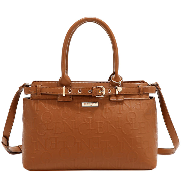 Nicole Lee EMB17504 brown embossed satchel bag, front view