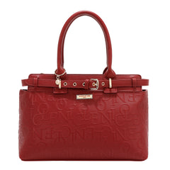 Red handbag with gold accents on a white background