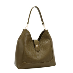 Green handbag with embossed logo on a white background