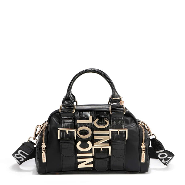 Nicole Lee P17201 Mini Satchel Bag – Black Croc Embossed with Gold Logo P17201
