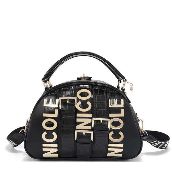 Nicole Lee P17204 Mini Satchel – Black Croc Embossed with Gold Logo